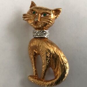 Gold Plated Cat Brooch rhinestone Collar Green Rhinestone Eyes Beautifully Craft